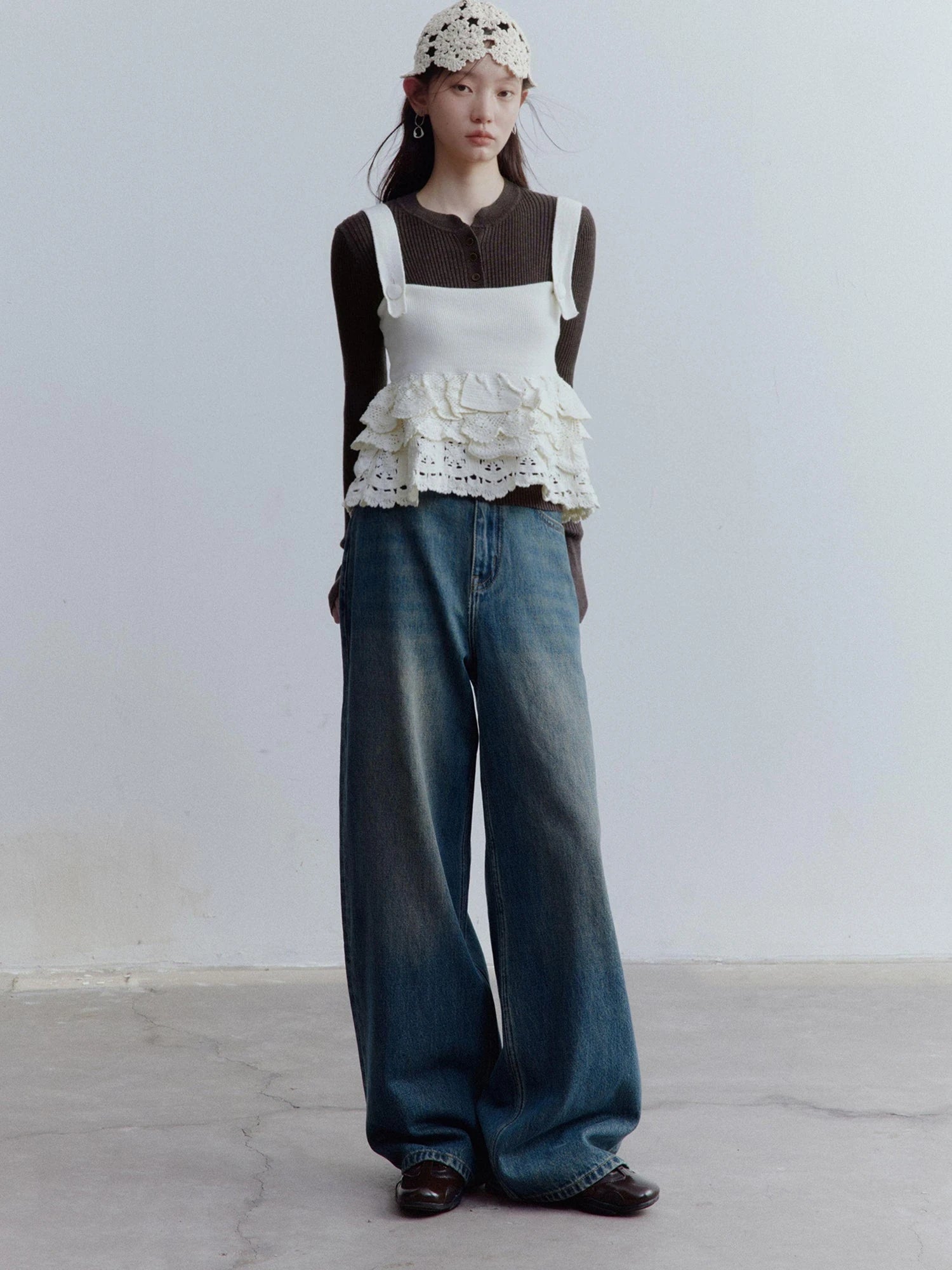 Hand Knitted Snowflake Beanie In Almond Cream