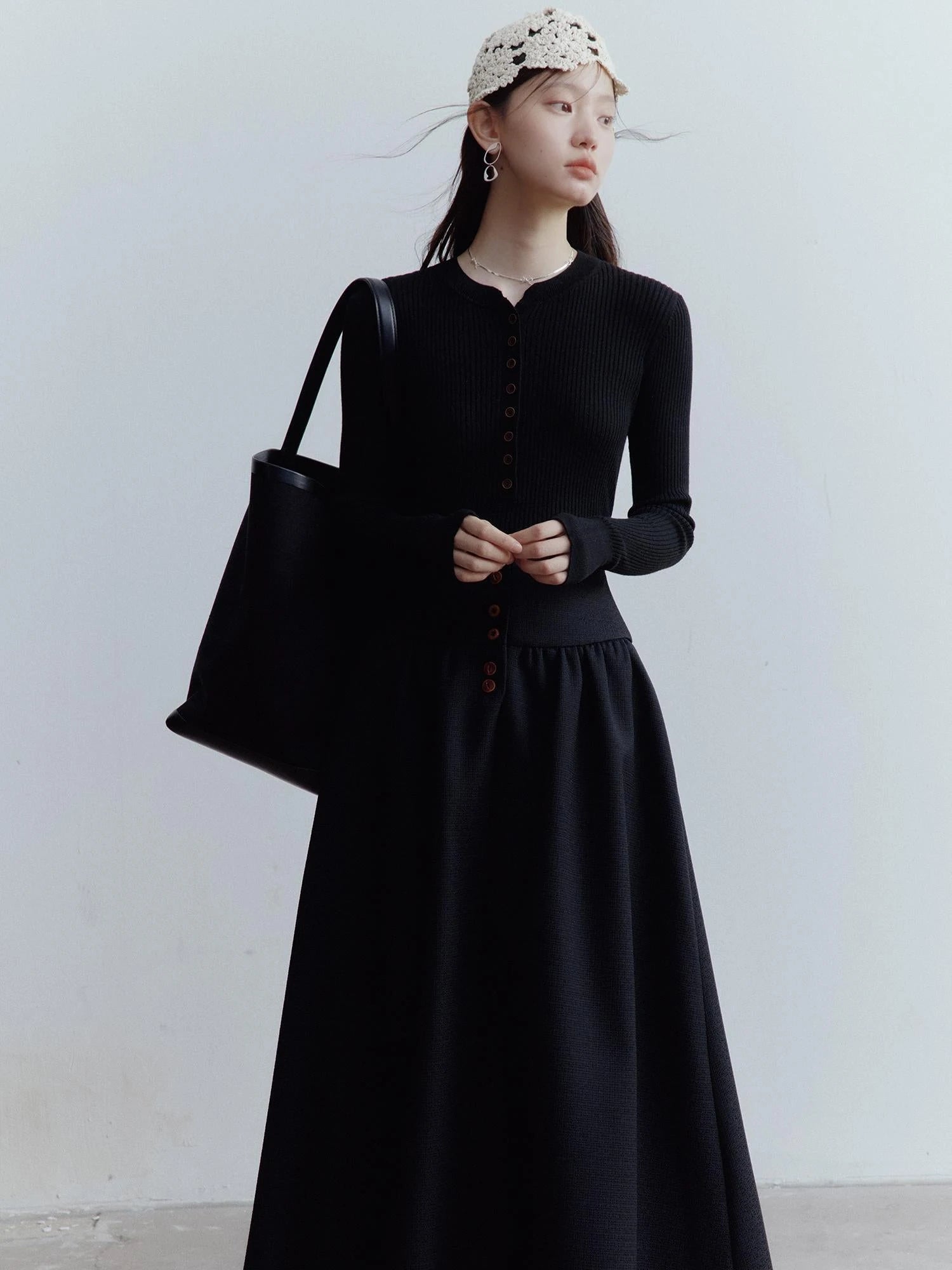 Hand Knitted Snowflake Beanie In Almond Cream