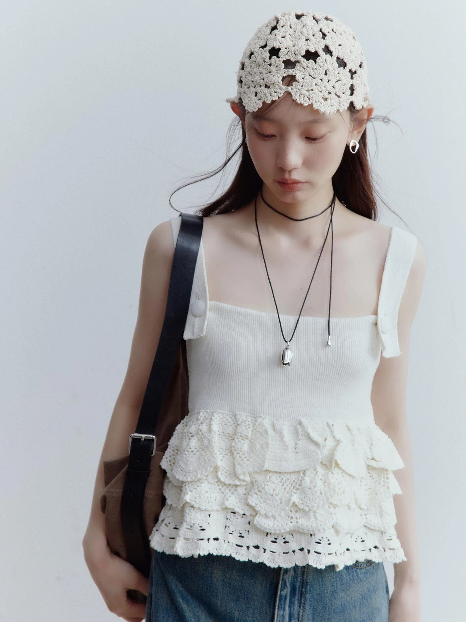 Hand Knitted Snowflake Beanie In Almond Cream