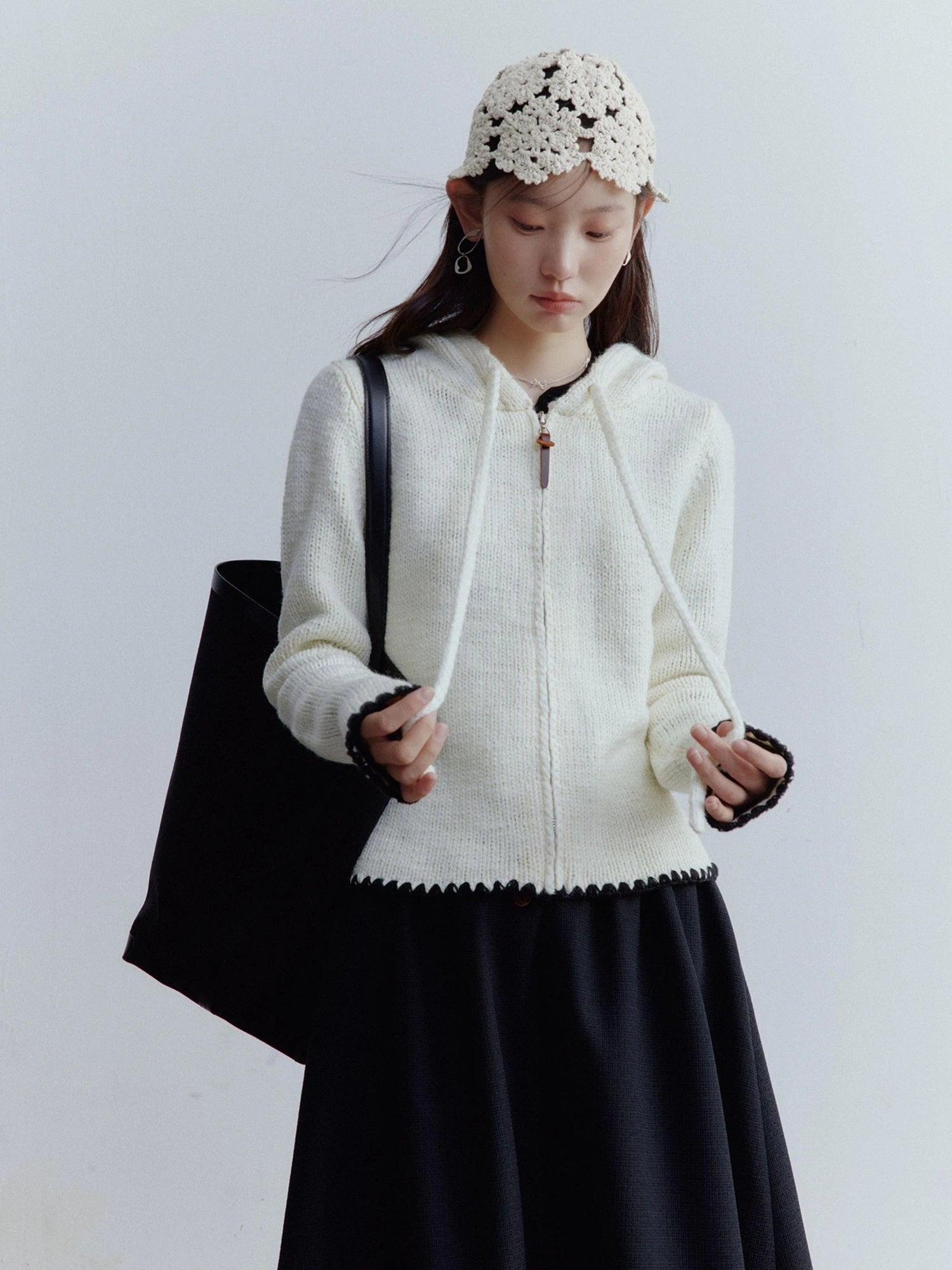 Hand Knitted Snowflake Beanie In Almond Cream