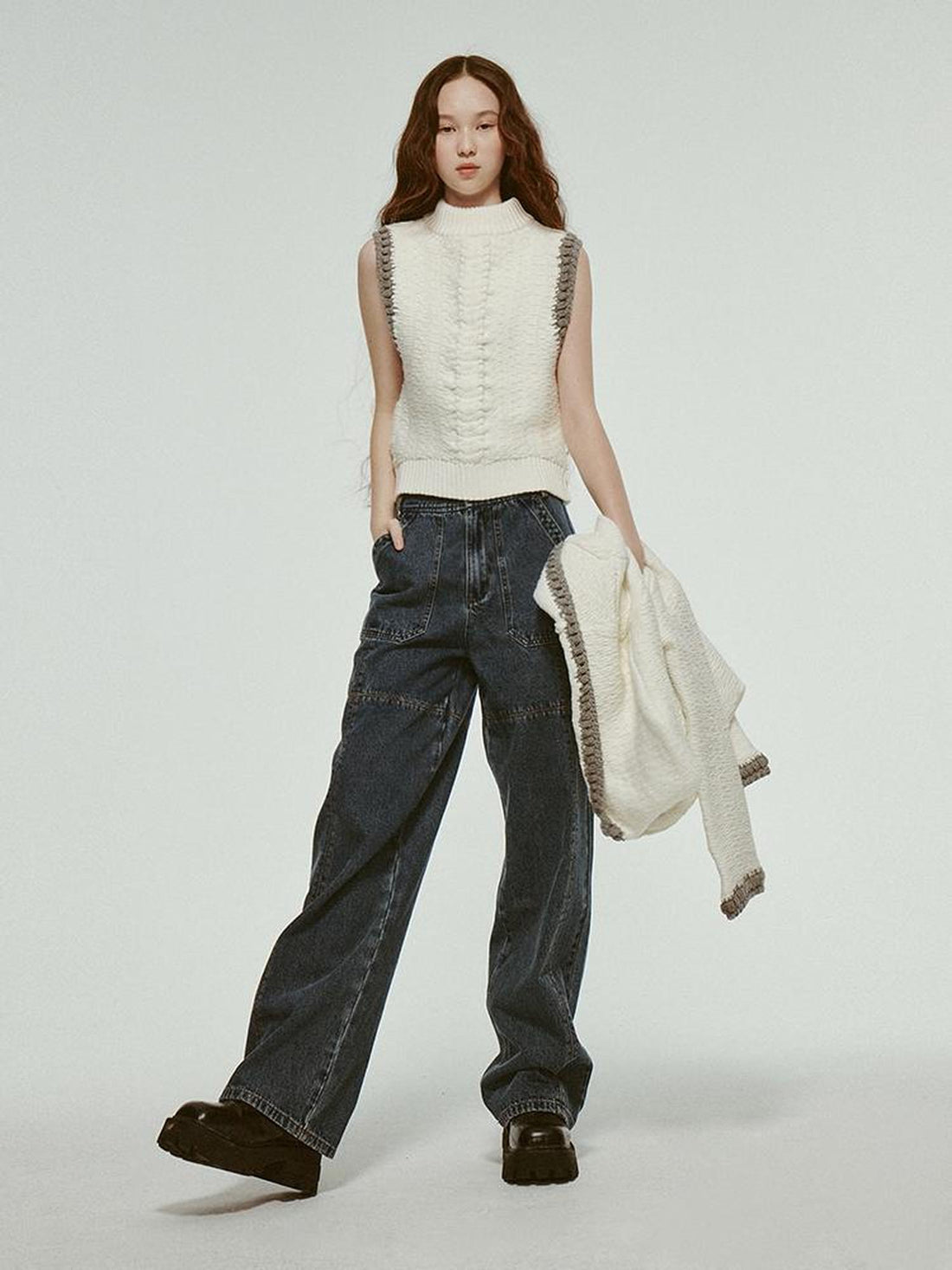 FUSSED Hand Knitted White Grey Textured Vest With 3D Floral Applique