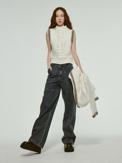 FUSSED Hand Knitted White Grey Textured Vest With 3D Floral Applique