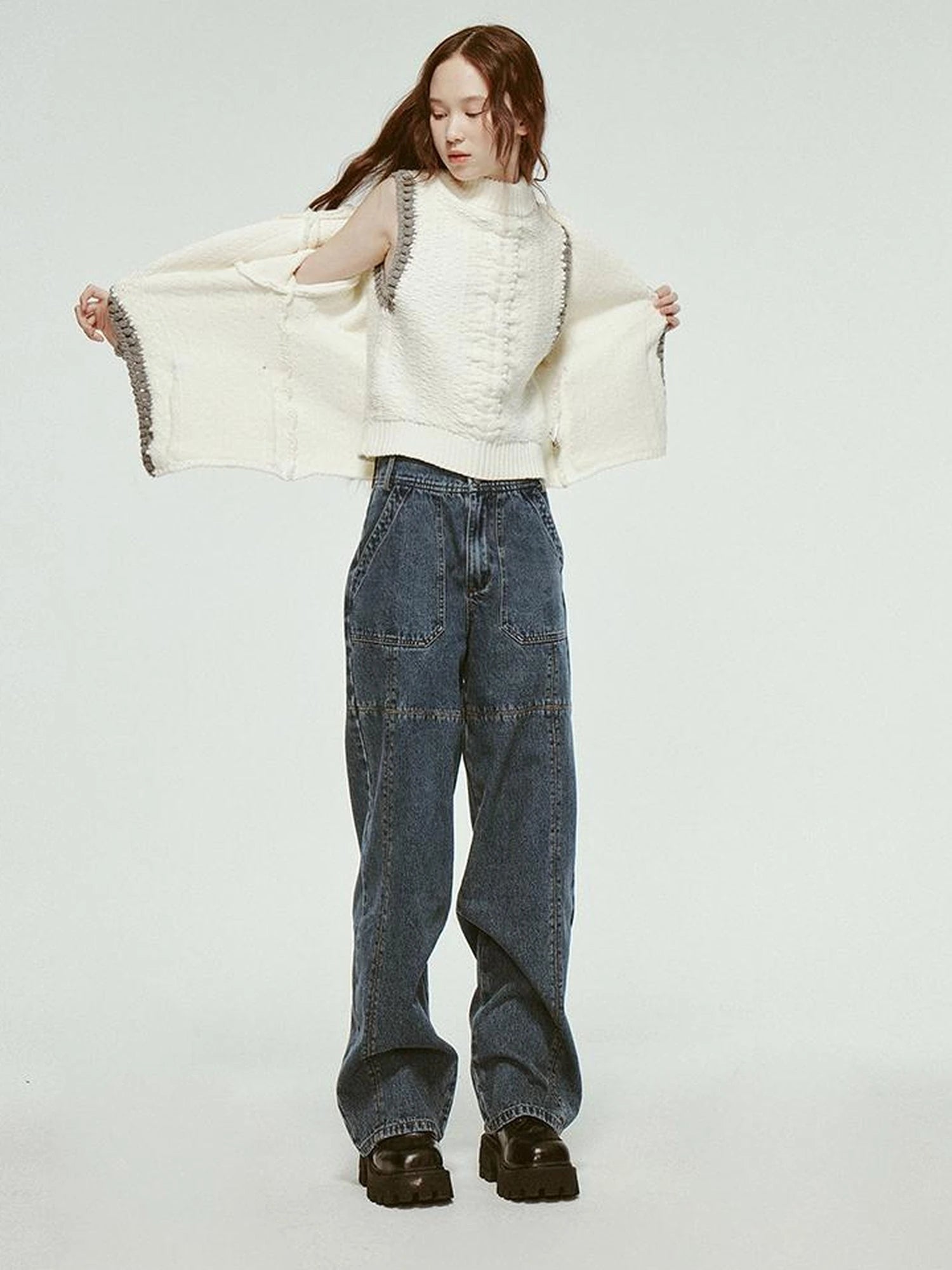 Hand Knitted White Grey Textured Vest With 3D Floral Applique