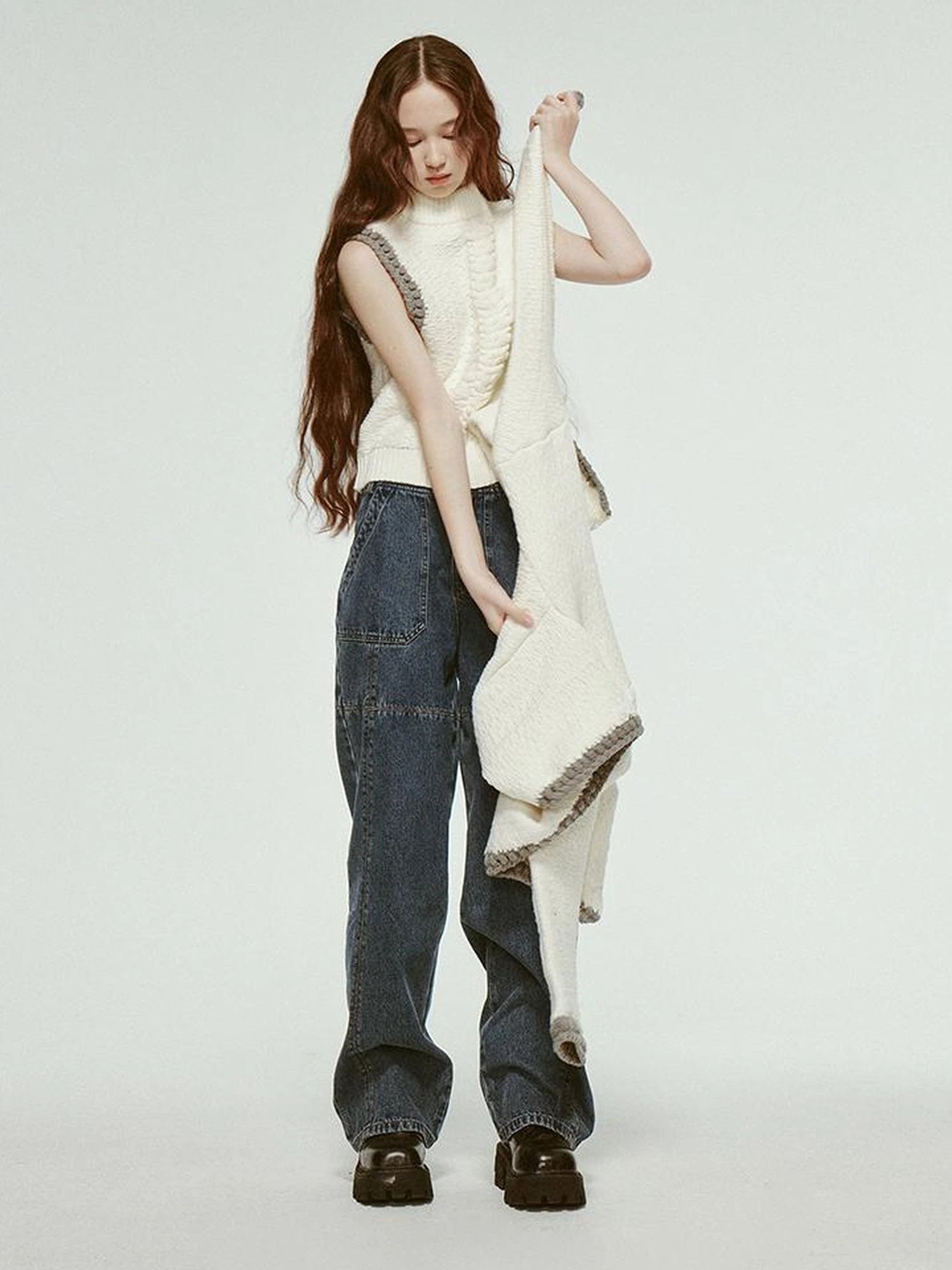 Hand Knitted White Grey Textured Vest With 3D Floral Applique