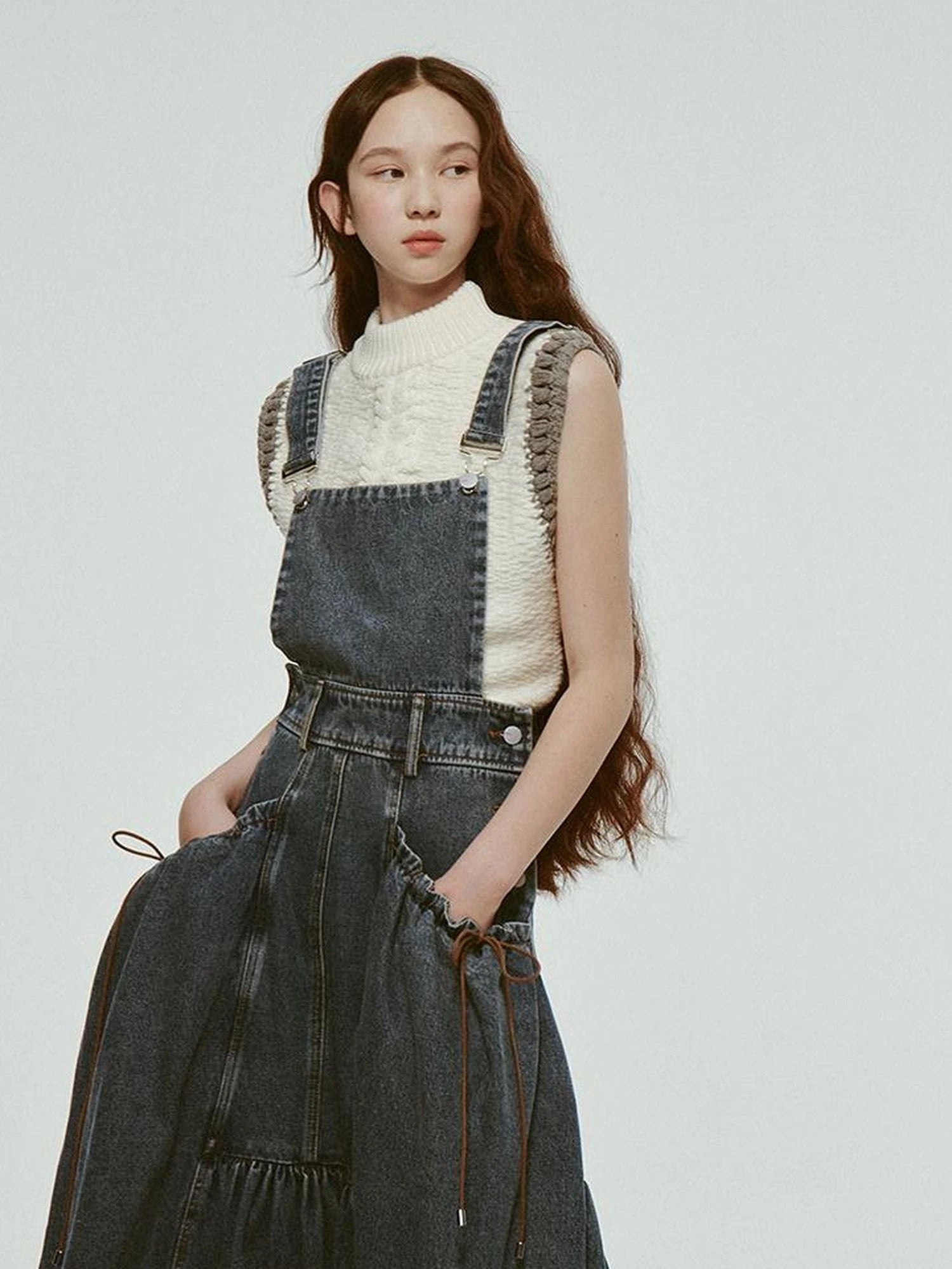 Hand Knitted White Grey Textured Vest With 3D Floral Applique