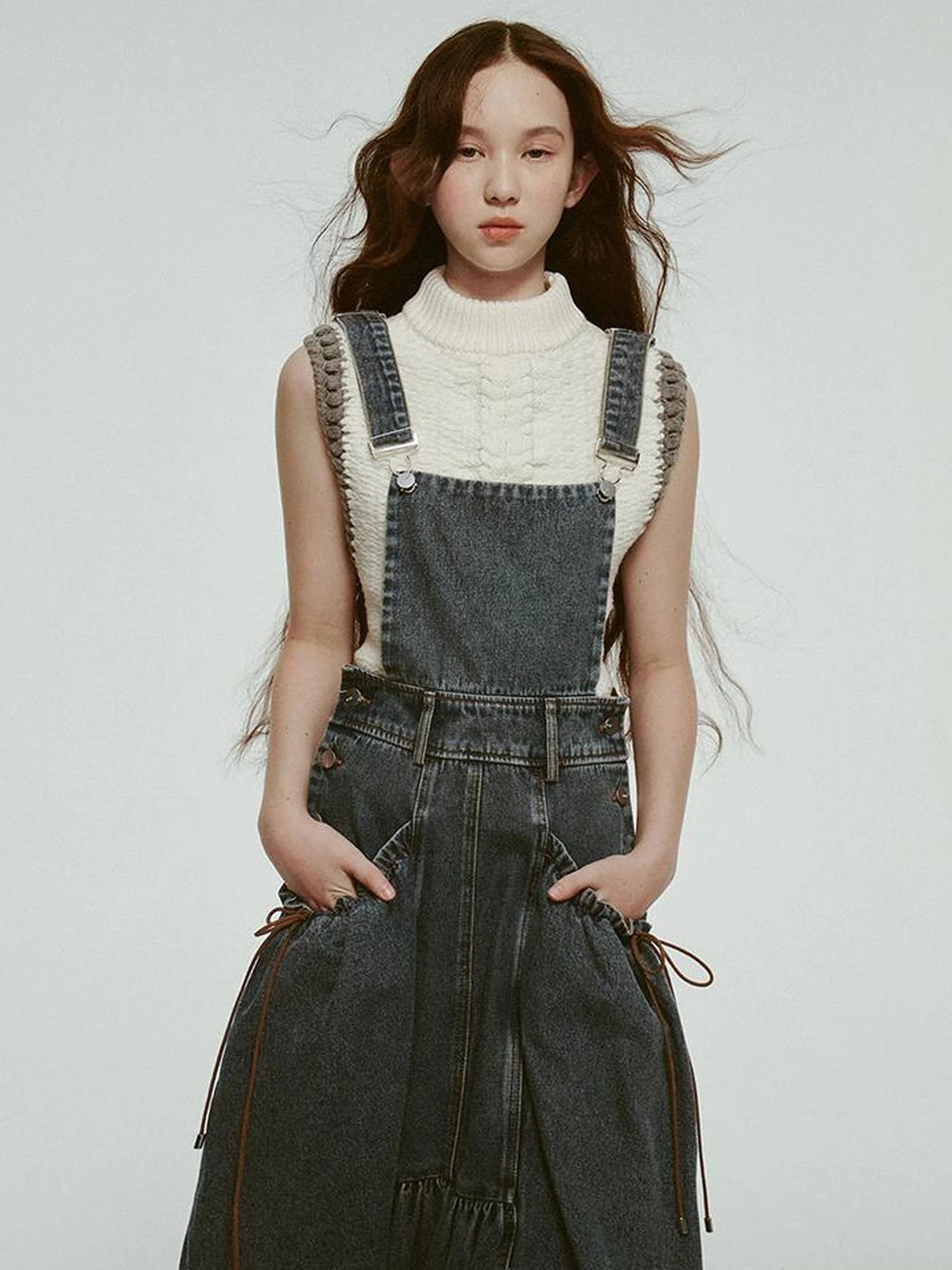 Hand Knitted White Grey Textured Vest With 3D Floral Applique