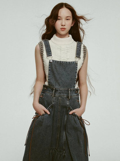 Hand Knitted White Grey Textured Vest With 3D Floral Applique