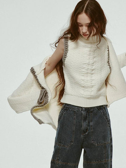 Hand Knitted White Grey Textured Vest With 3D Floral Applique