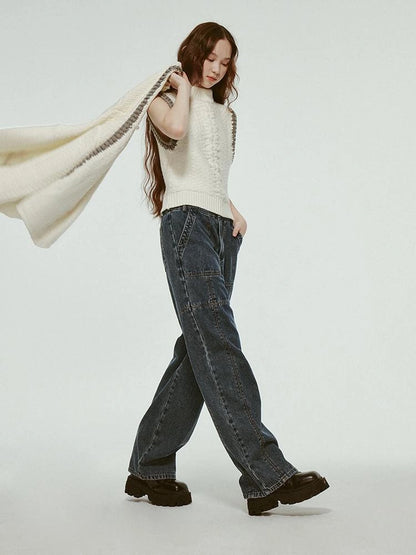 Hand Knitted White Grey Textured Vest With 3D Floral Applique