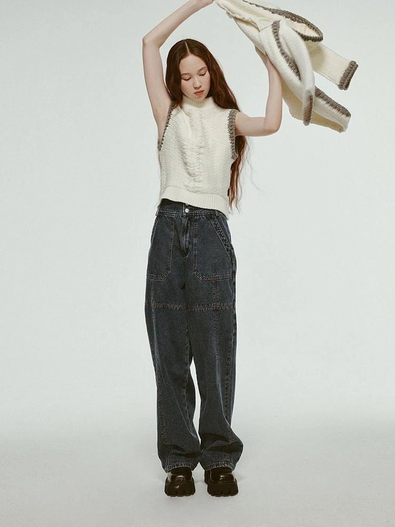 Hand Knitted White Grey Textured Vest With 3D Floral Applique