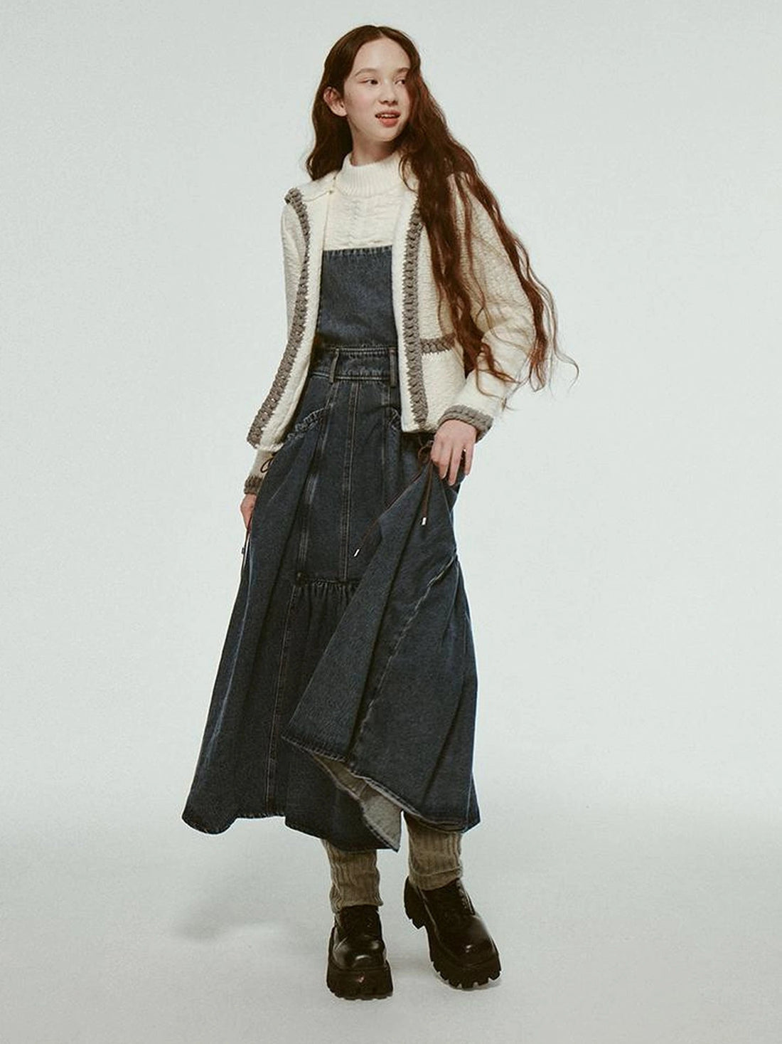 Hand Knitted White Grey Textured Vest With 3D Floral Applique