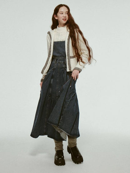 Hand Knitted White Grey Textured Vest With 3D Floral Applique