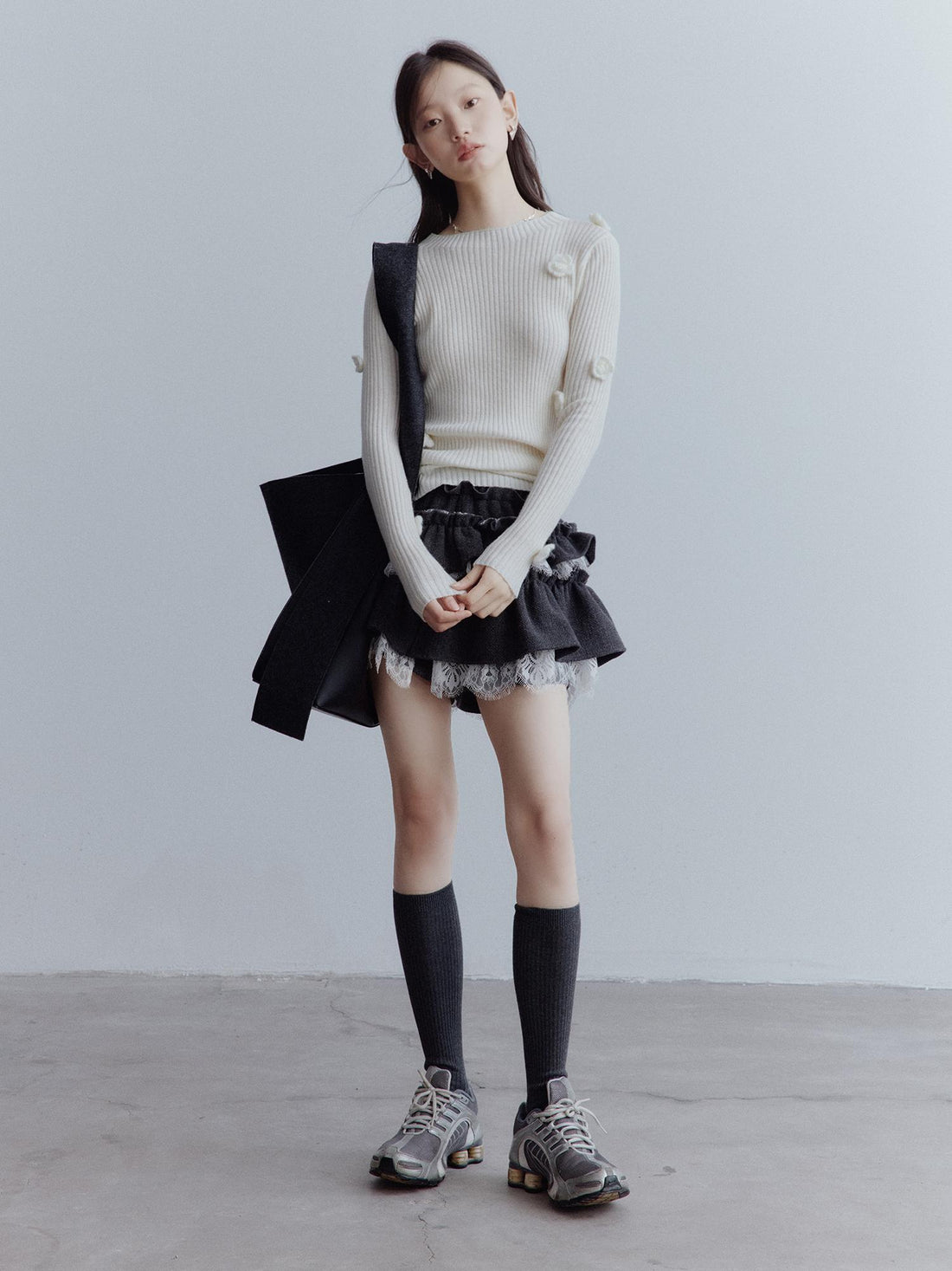 FUSSED Hand Knitted Wool Floral Embellished Ribbed Sweater