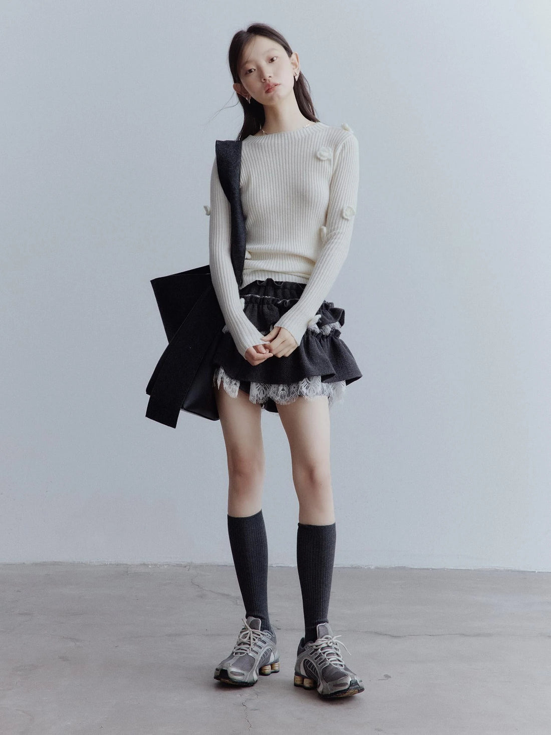 FUSSED Hand Knitted Wool Floral Embellished Ribbed Sweater