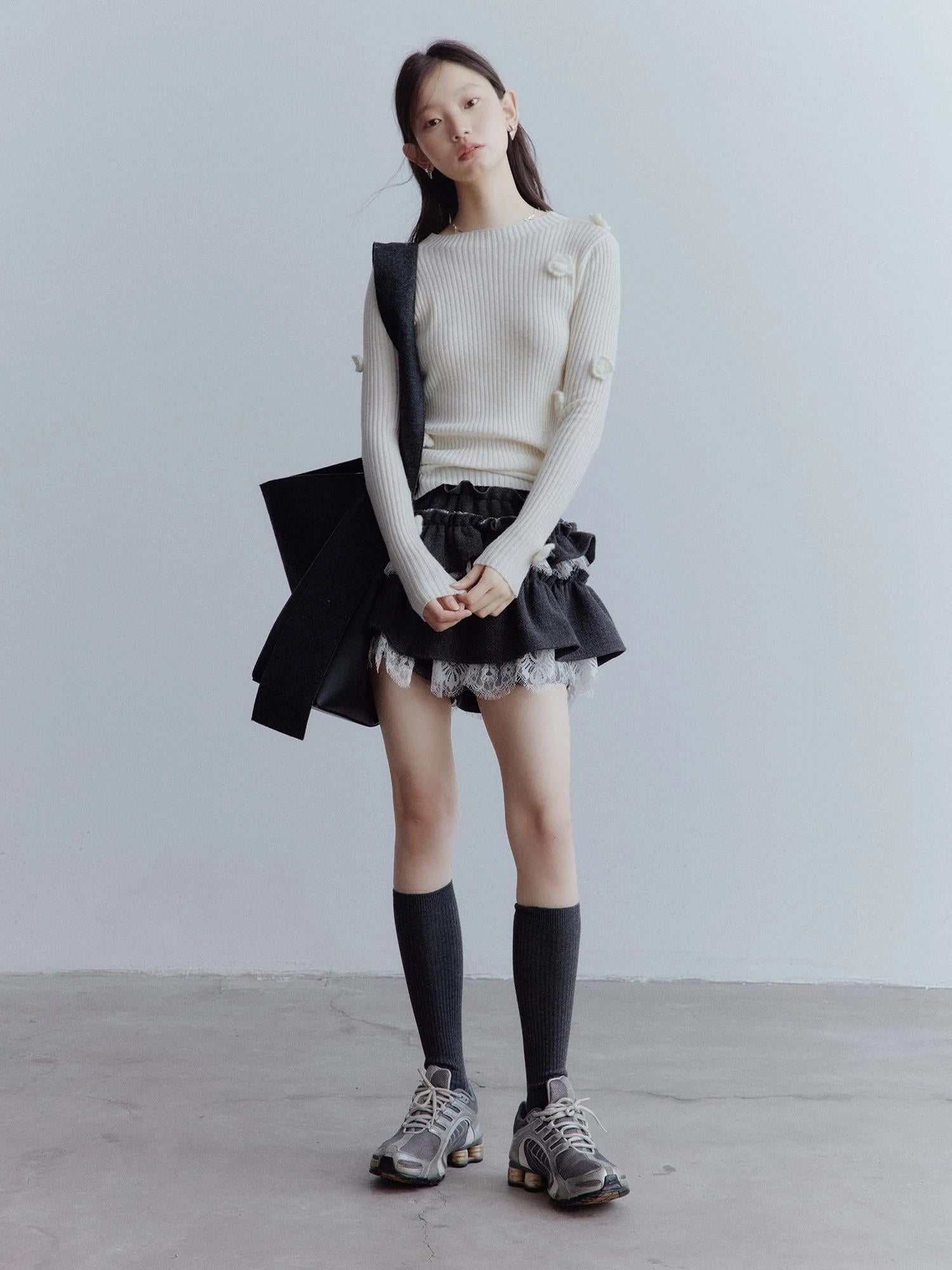 Hand Knitted Wool Floral Embellished Ribbed Sweater