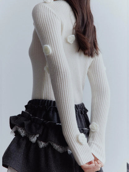 Hand Knitted Wool Floral Embellished Ribbed Sweater