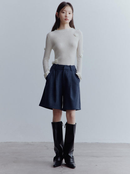FUSSED Hand Knitted Wool Floral Embellished Ribbed Sweater