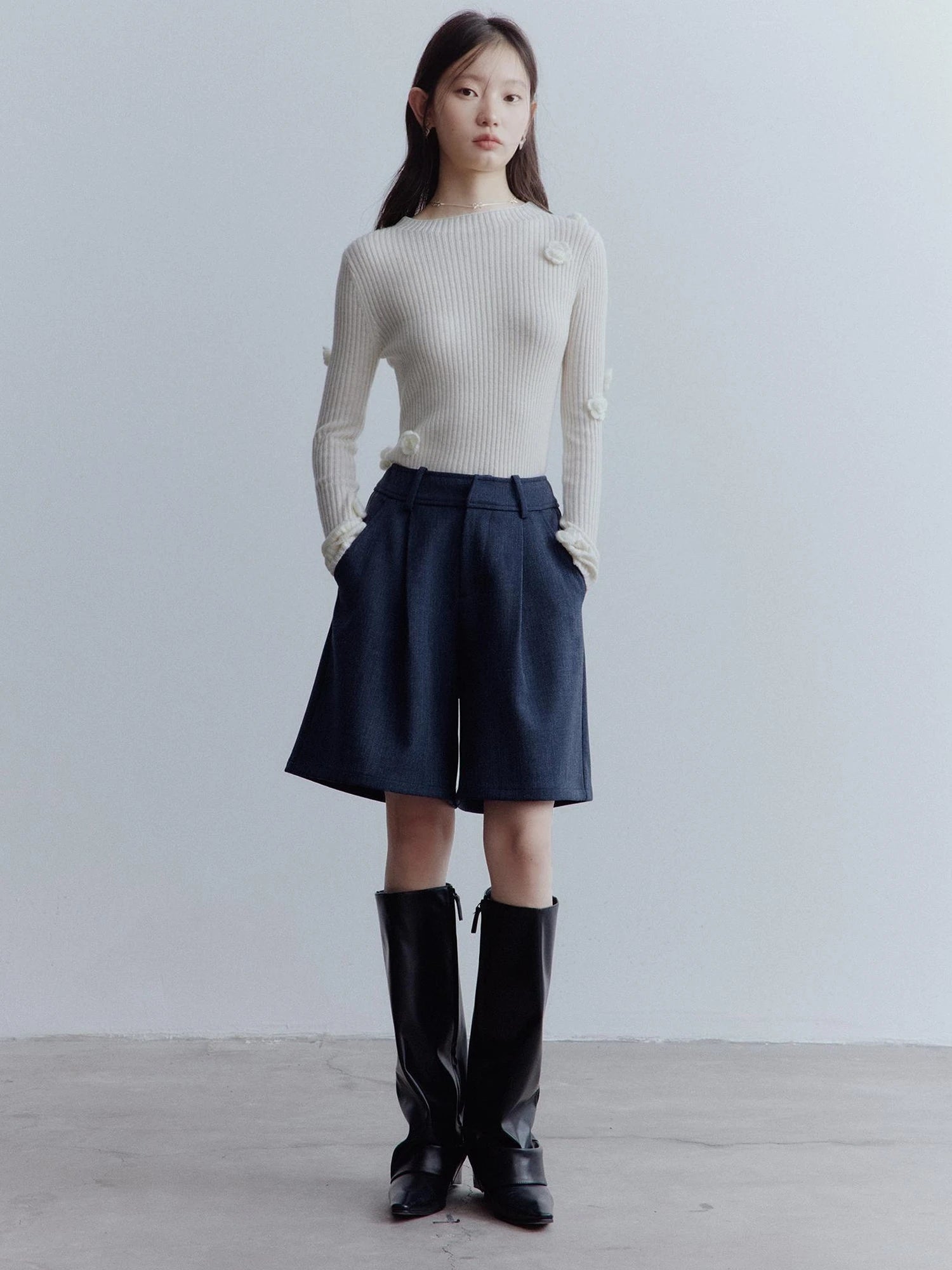 Hand Knitted Wool Floral Embellished Ribbed Sweater