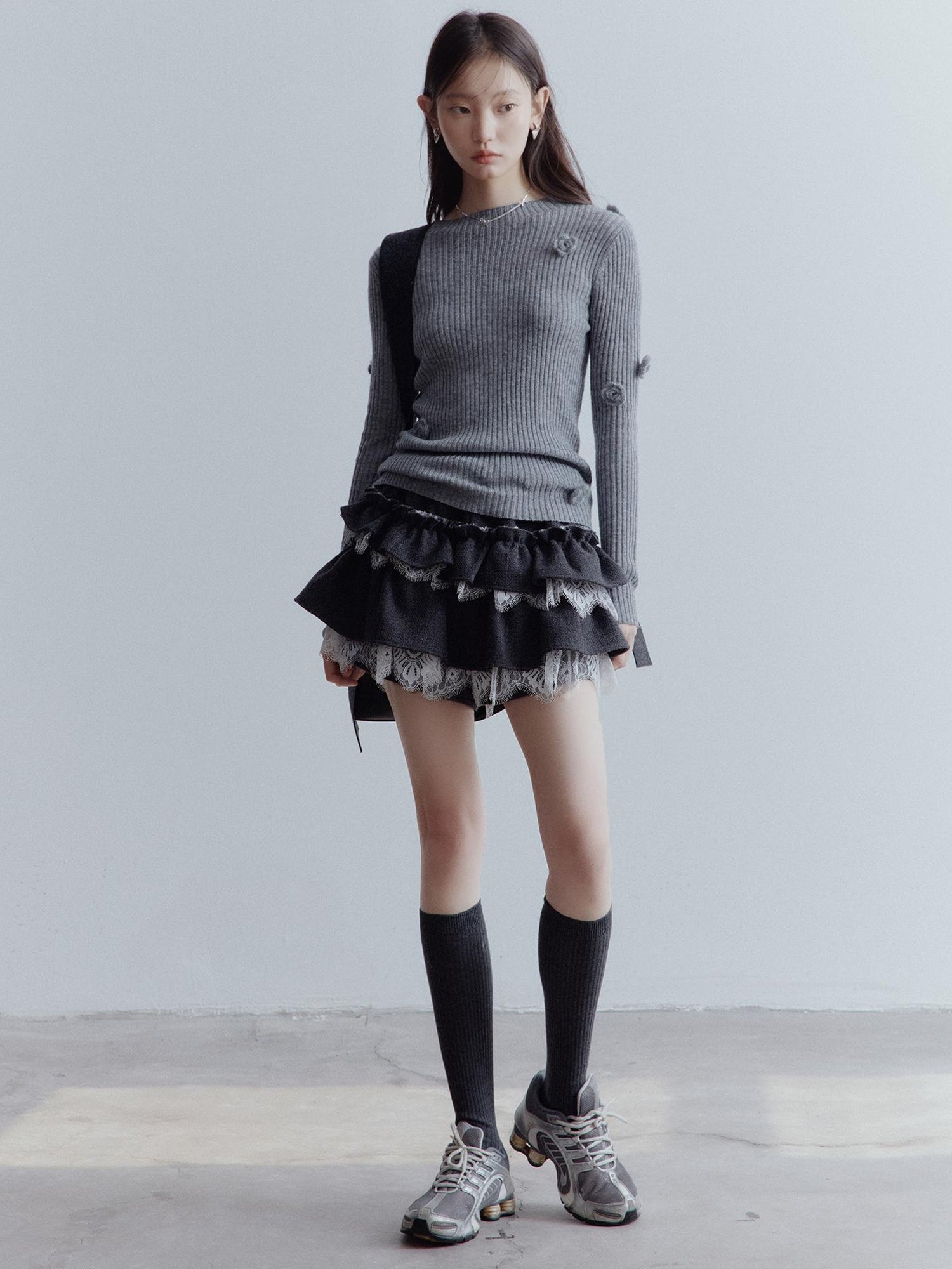 FUSSED Hand Knitted Wool Floral Embellished Ribbed Sweater