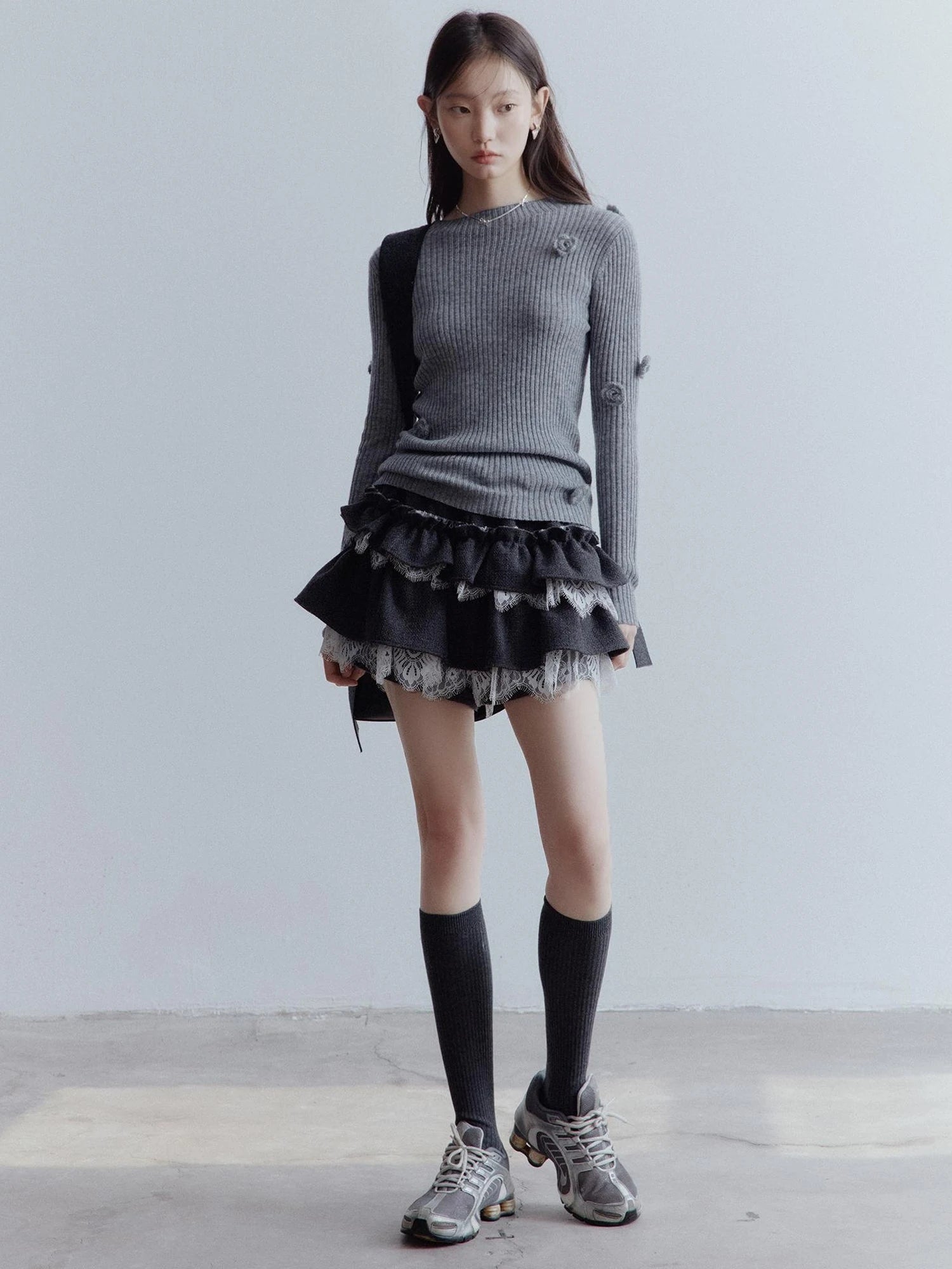 Hand Knitted Wool Floral Embellished Ribbed Sweater