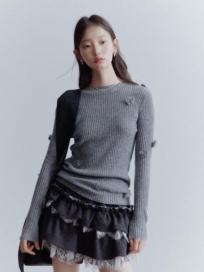 FUSSED Hand Knitted Wool Floral Embellished Ribbed Sweater