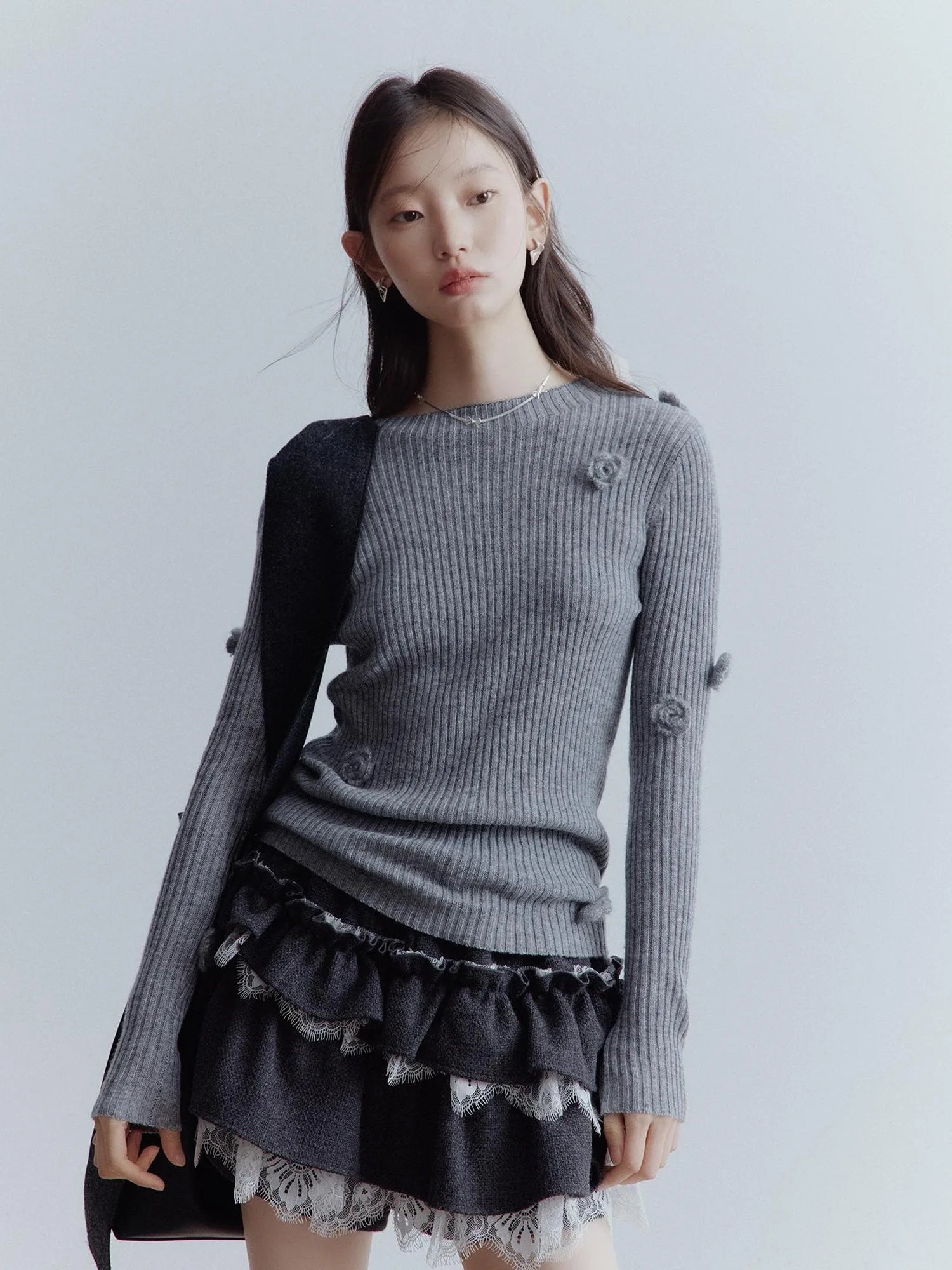 Hand Knitted Wool Floral Embellished Ribbed Sweater