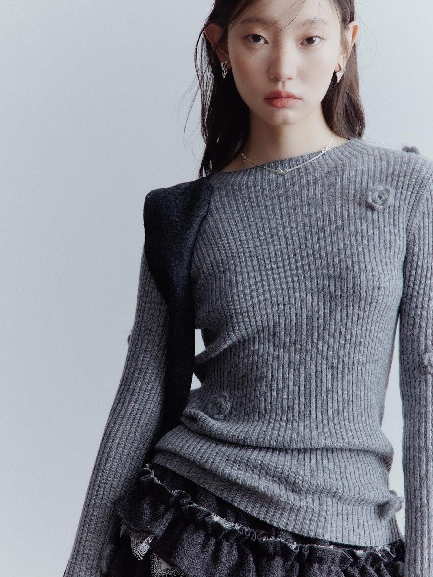 FUSSED Hand Knitted Wool Floral Embellished Ribbed Sweater