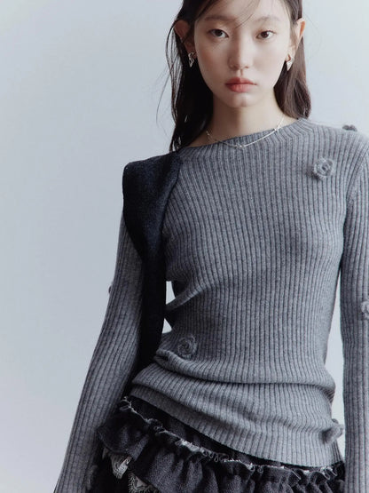 Hand Knitted Wool Floral Embellished Ribbed Sweater