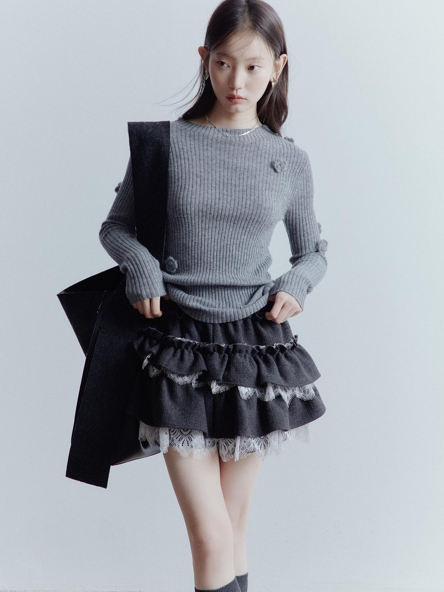 FUSSED Hand Knitted Wool Floral Embellished Ribbed Sweater