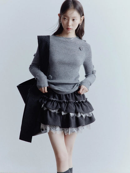 Hand Knitted Wool Floral Embellished Ribbed Sweater