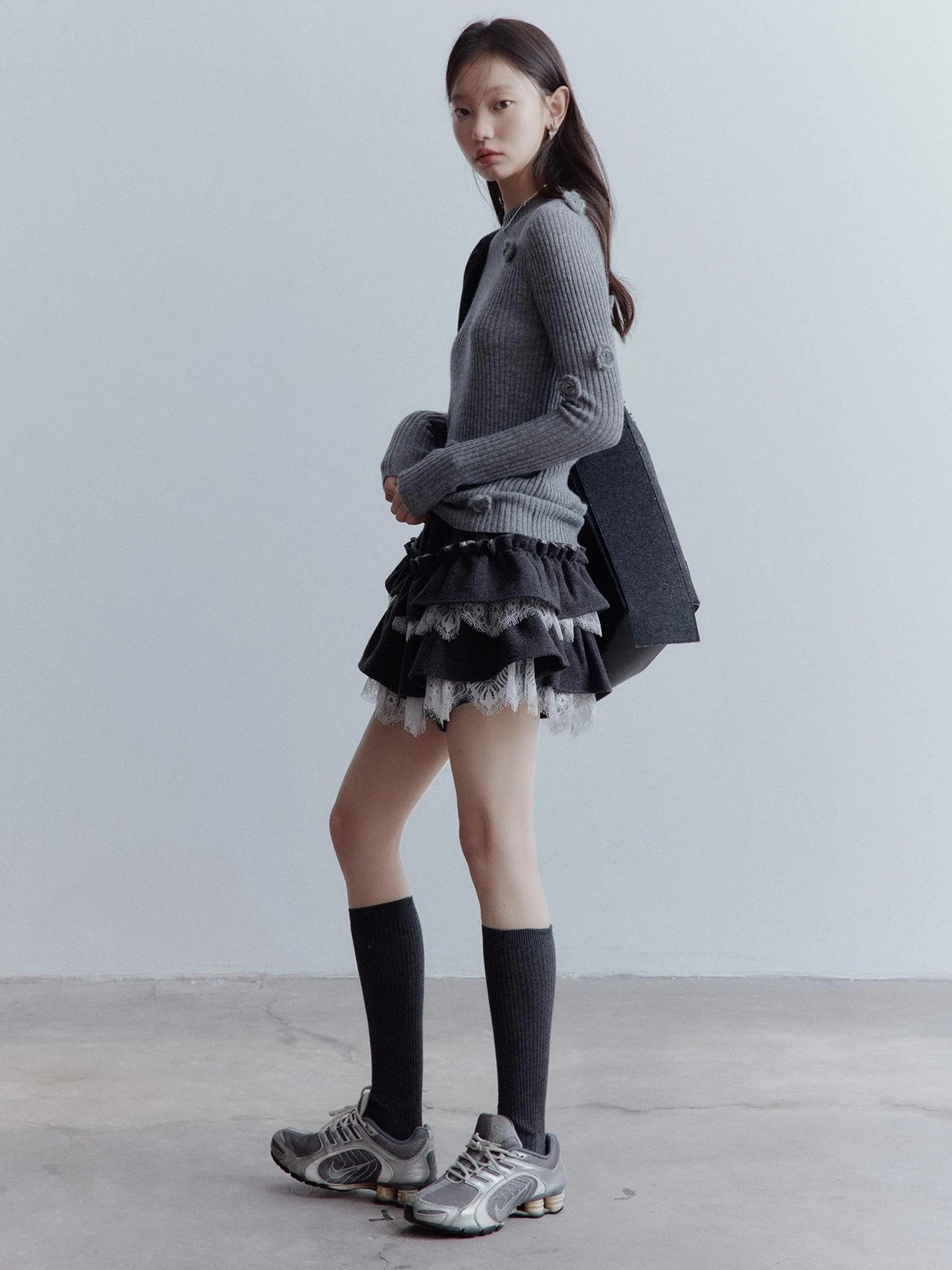 Hand Knitted Wool Floral Embellished Ribbed Sweater