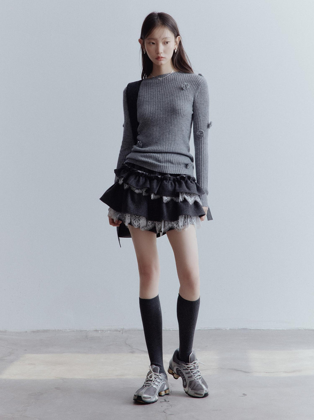 FUSSED Hand Knitted Wool Floral Embellished Ribbed Sweater