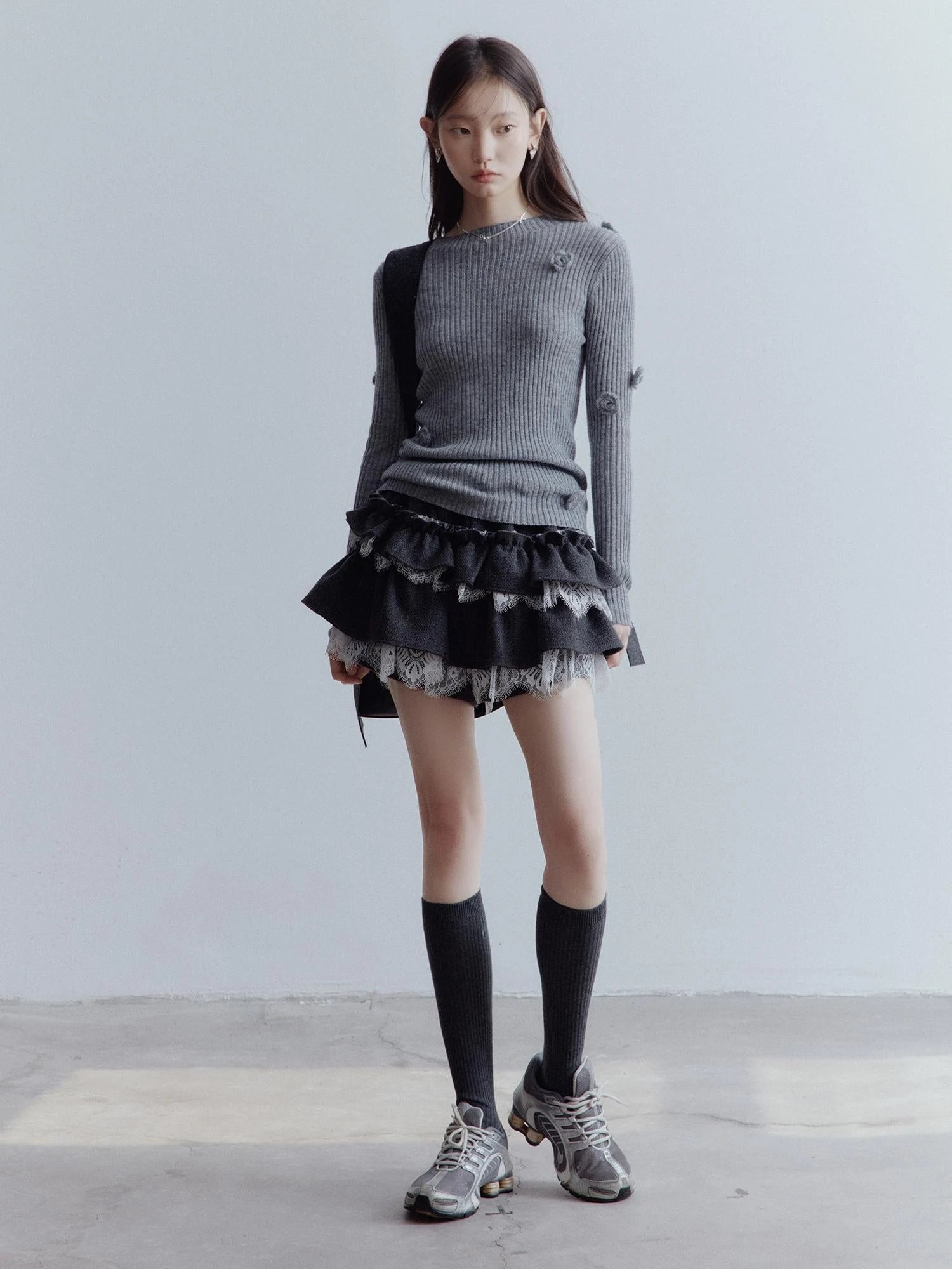 Hand Knitted Wool Floral Embellished Ribbed Sweater