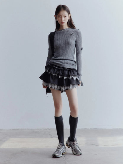 Hand Knitted Wool Floral Embellished Ribbed Sweater