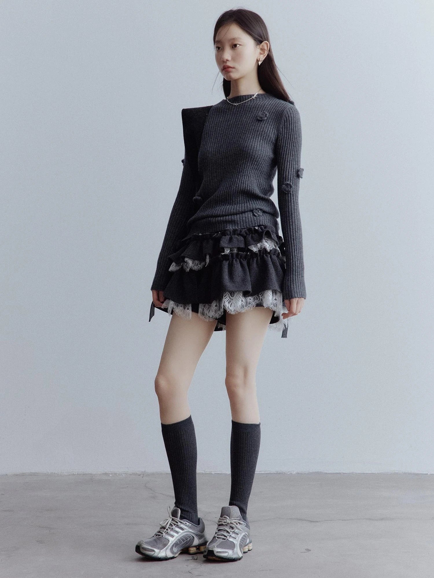 Hand Knitted Wool Floral Embellished Ribbed Sweater