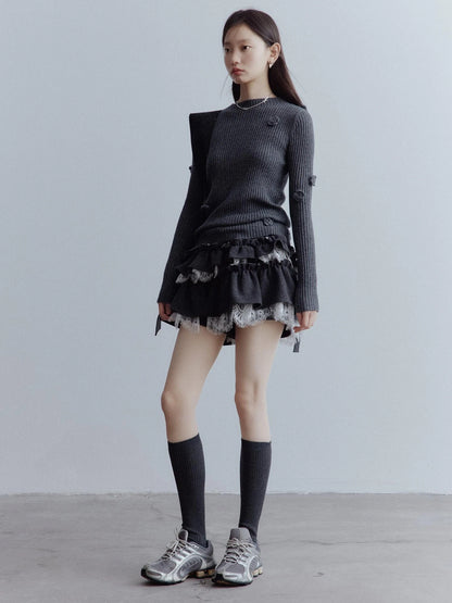 Hand Knitted Wool Floral Embellished Ribbed Sweater