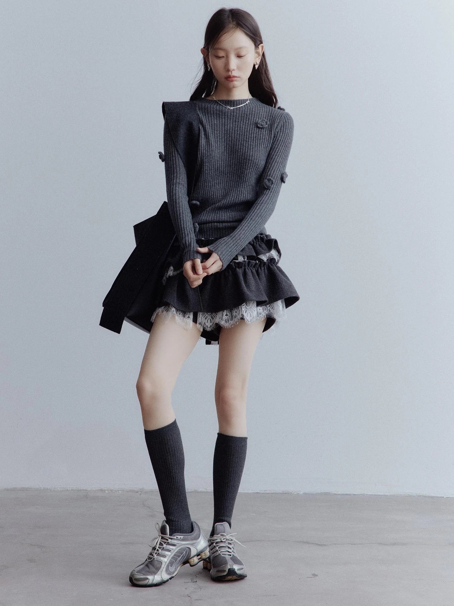 Hand Knitted Wool Floral Embellished Ribbed Sweater