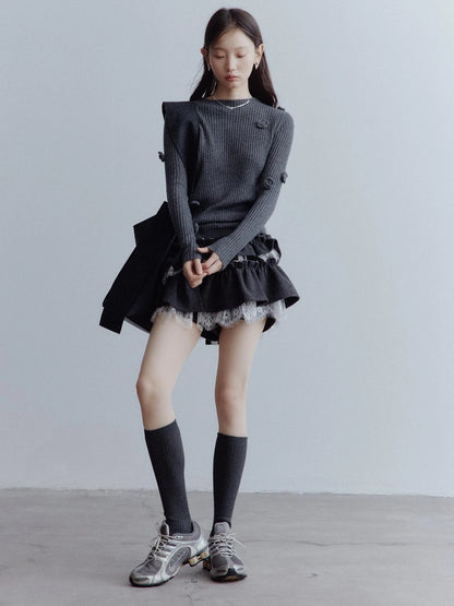 Hand Knitted Wool Floral Embellished Ribbed Sweater