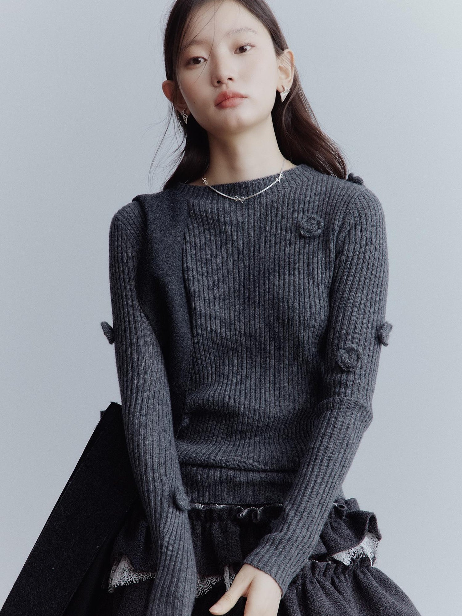 FUSSED Hand Knitted Wool Floral Embellished Ribbed Sweater