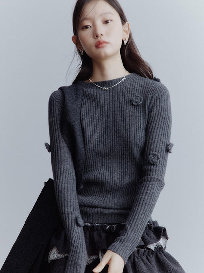 FUSSED Hand Knitted Wool Floral Embellished Ribbed Sweater
