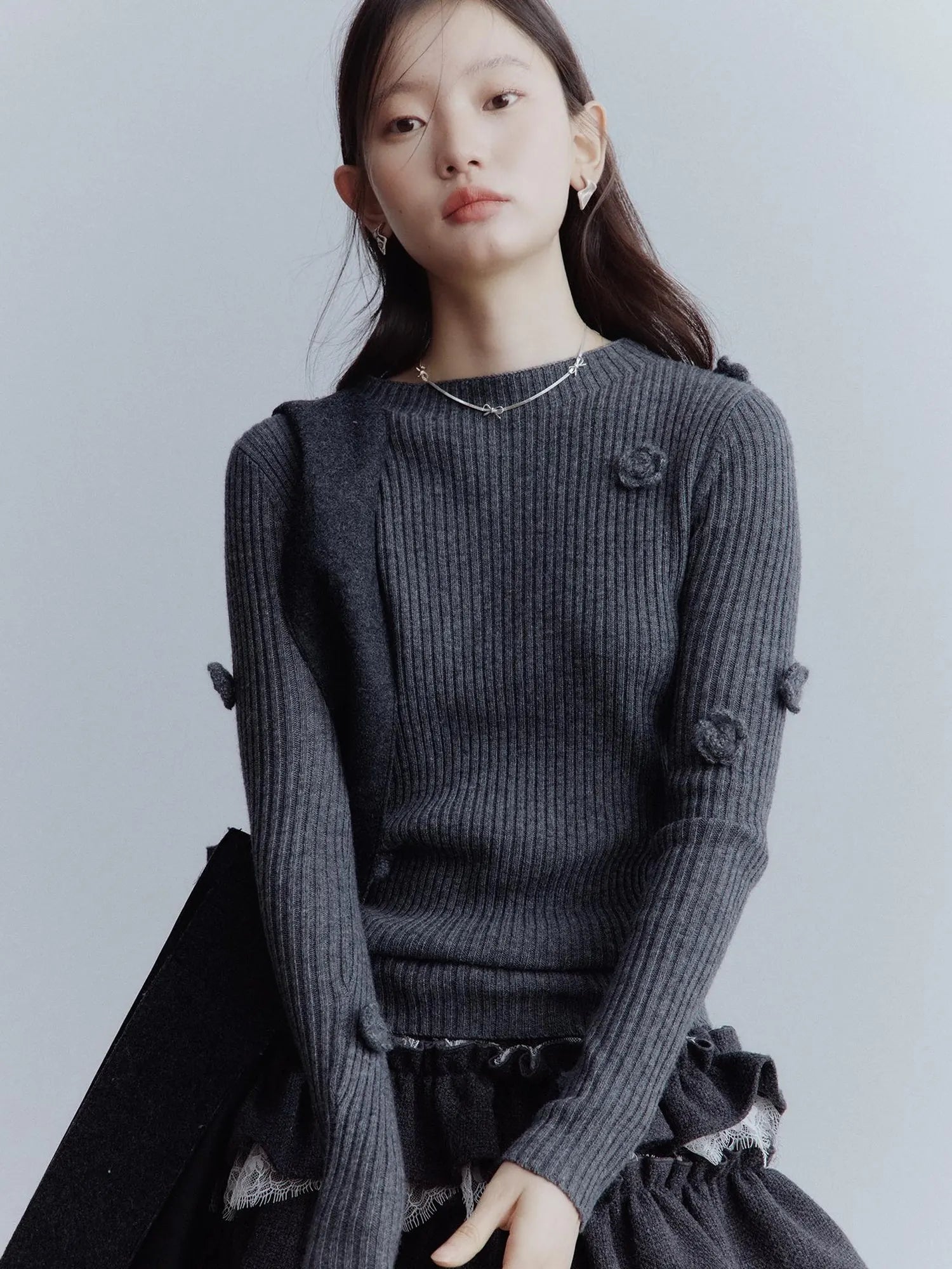 Hand Knitted Wool Floral Embellished Ribbed Sweater