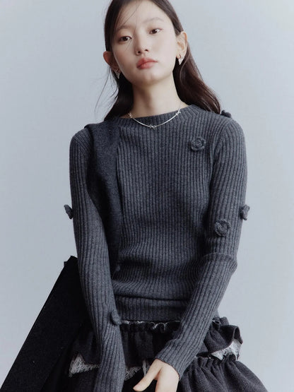 Hand Knitted Wool Floral Embellished Ribbed Sweater