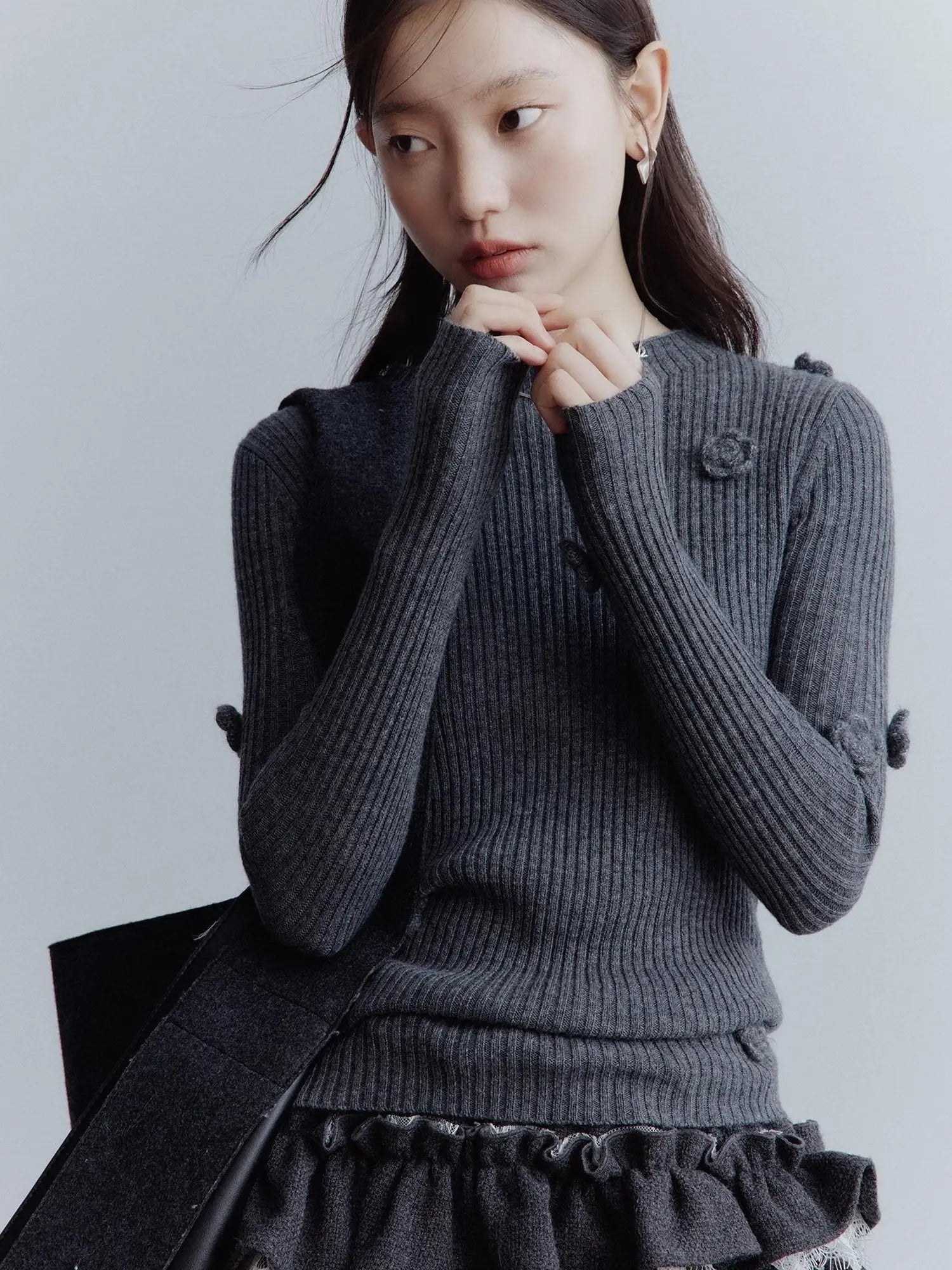 Hand Knitted Wool Floral Embellished Ribbed Sweater