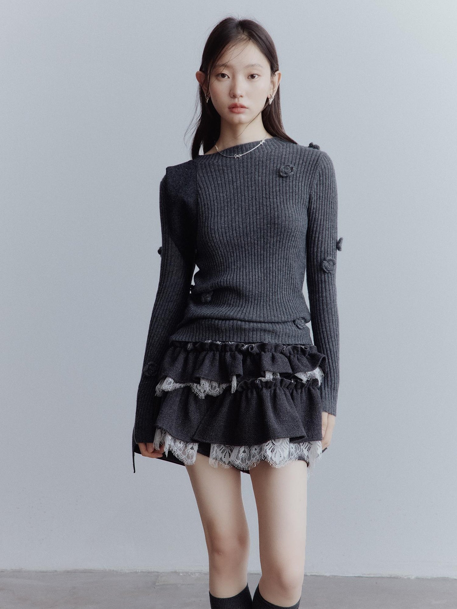 FUSSED Hand Knitted Wool Floral Embellished Ribbed Sweater