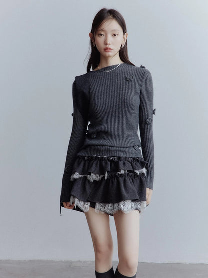Hand Knitted Wool Floral Embellished Ribbed Sweater