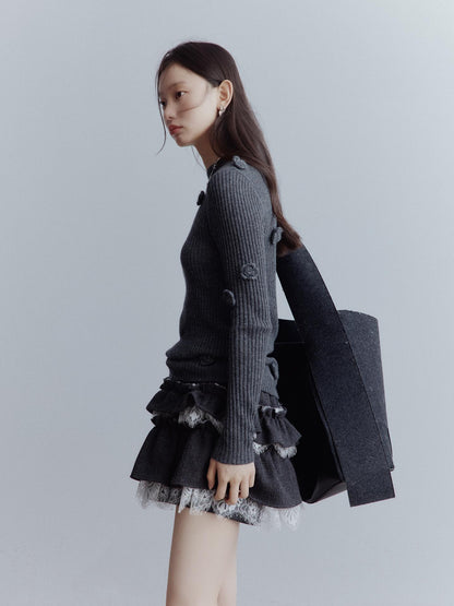 FUSSED Hand Knitted Wool Floral Embellished Ribbed Sweater