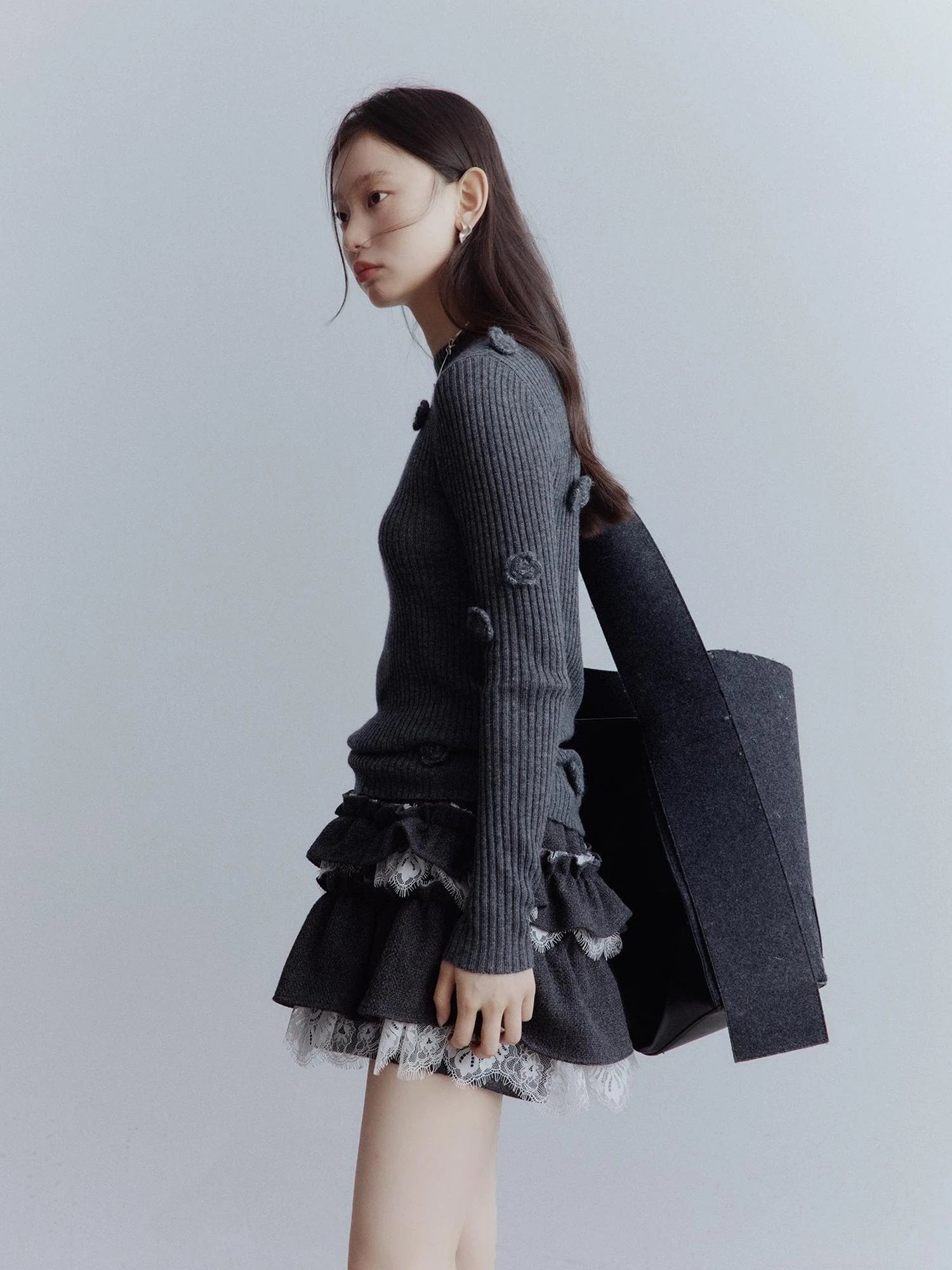 Hand Knitted Wool Floral Embellished Ribbed Sweater