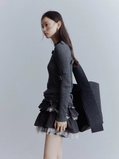 Hand Knitted Wool Floral Embellished Ribbed Sweater