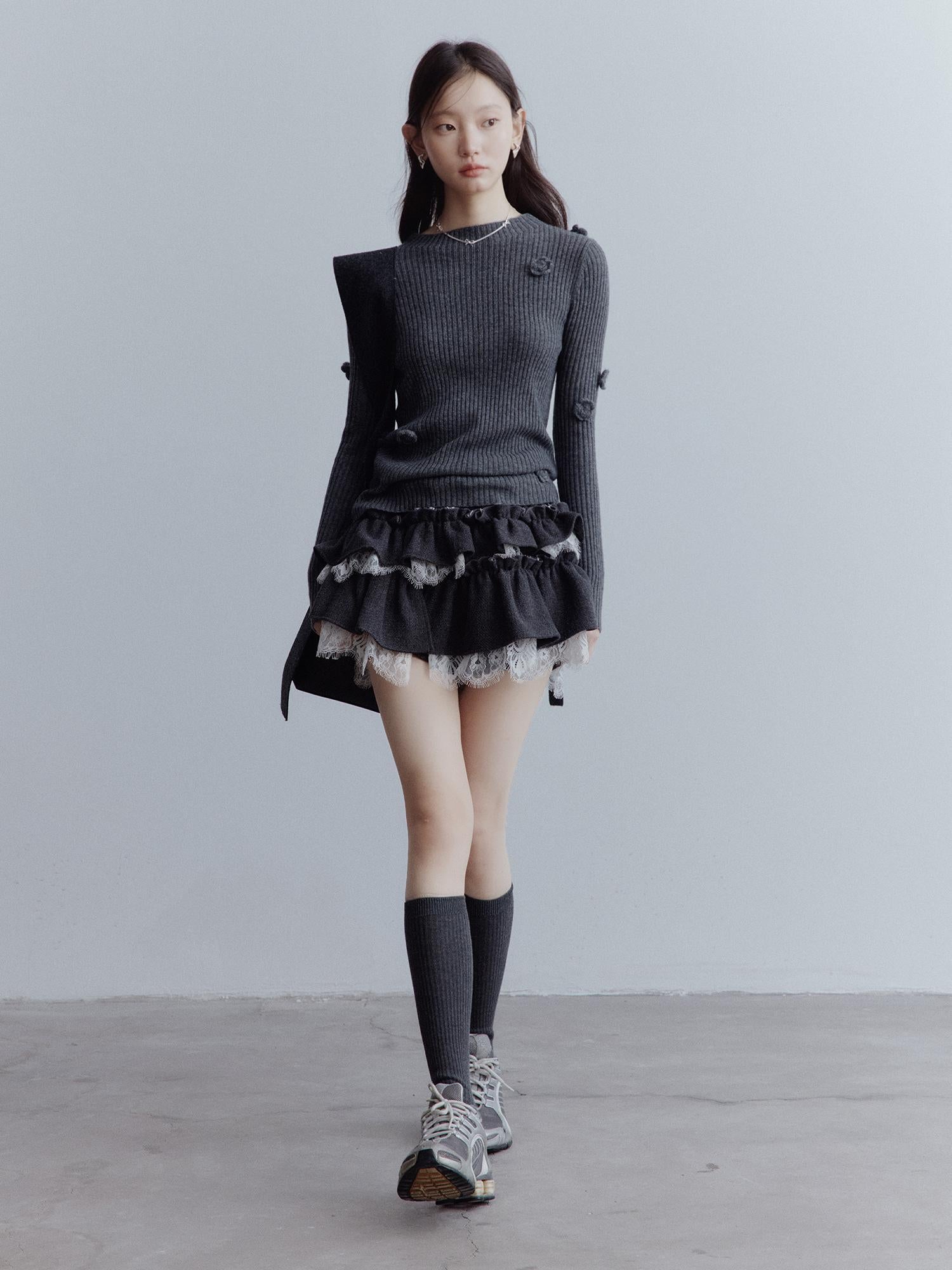 FUSSED Hand Knitted Wool Floral Embellished Ribbed Sweater