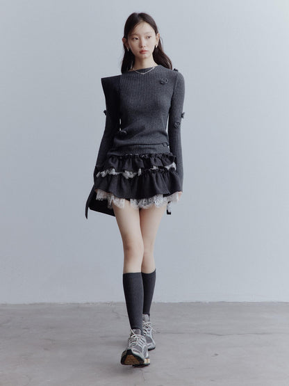 FUSSED Hand Knitted Wool Floral Embellished Ribbed Sweater